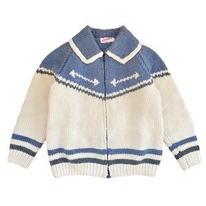 Hand Knit Wool Zip-Up Sweater Blue & Cream Women’s Small